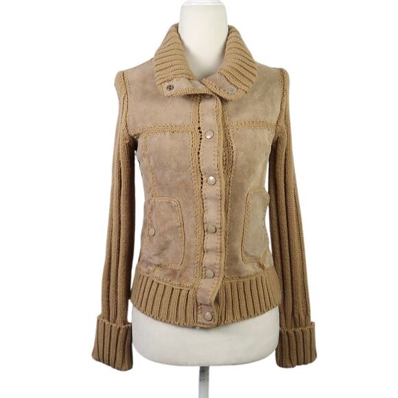 Vintage 70s Carol Cohen tan suede leather and knit crochet jacket S - Picture 1 of 6